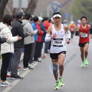 Бегун на марафоне пробегает мимо зрителей вдоль улицы.