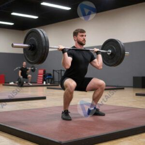 Человек поднимает штангу на помосте