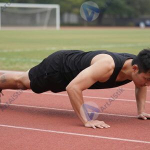 Человек выполняет берпи на спортивной площадке.