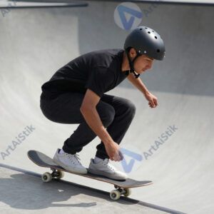 Скейтбордист приседает в рампе в защитном шлеме.