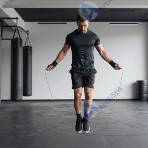 Боксер на скакалке тренируется в пустом зале.