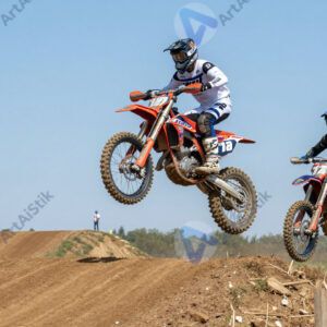 Байкеры на мотокроссовой трассе летят через холм.