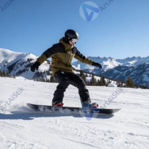 Сноубордист в фрирайде едет по целине в горах.