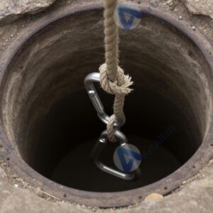 Скальный лаз с верёвкой и карабинами