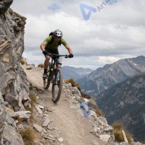 Маунтинбайкер на узкой горной тропе над обрывом.