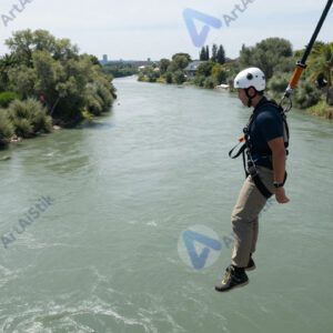 Прыжок с тарзанки с моста над рекой.