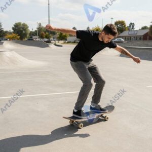 Скейтбордист на пустой парковке делает олли через линию.