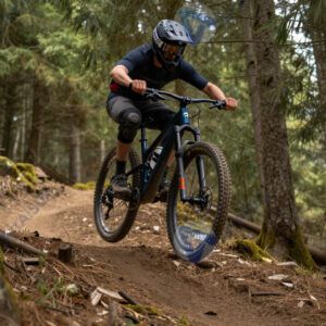 Маунтинбайкер прыгает с дропа в лесном трейле.