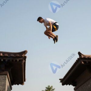 Паркурист перепрыгивает расстояние между двумя крышами.