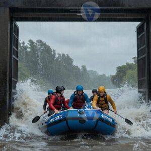 Рафт с людьми входит в бурный порог