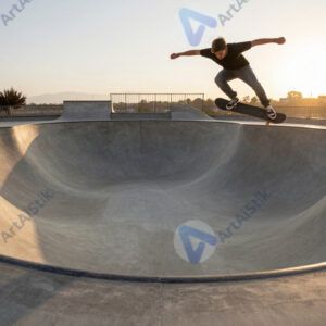 Скейтбордист катается в бетонной чаша‑рампе на закате.