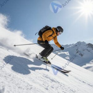 Фрирайдер на лыжах спускается по крутому кулуару.