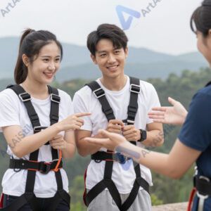 Пара спрашивает инструктора перед прыжком с тарзанки.