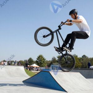 BMX‑райдер крутит «tailwhip» над трамплином.