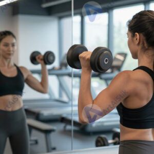 Женщина поднимает гантели в тренажёрном зале перед зеркалом.