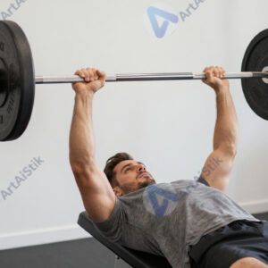 Мужчина делает жим штанги лёжа на скамье.