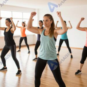 Группа людей на тренировке по зумба‑фитнесу