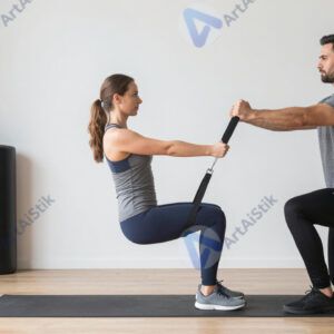 Фитнес‑инструктор демонстрирует упражнение с эспандером.