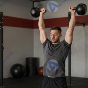 Человек с гирей выполняет свинг в зале.