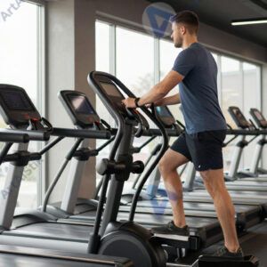 Мужчина на эллиптическом тренажёре в кардиозоне зала.