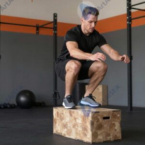 Мужчина выполняет прыжки на тумбу в зале.