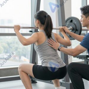 Персональный тренер корректирует технику клиента на приседаниях.