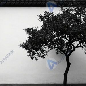 Чёрно‑белый силуэт дерева на фоне ярко освещённой стены.
