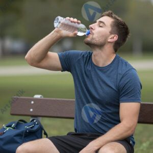 Мужчина пьёт воду из бутылки между подходами