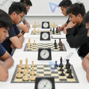 Шахматисты сидят за столом на турнире