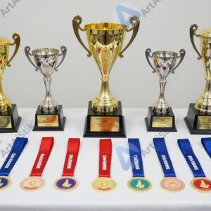 Наградной стол с кубками и медалями до церемонии.