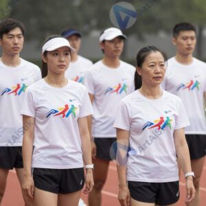 Группа спортсменов в одинаковых футболках с логотипом забега.