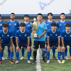 Вручение кубка капитану команды на футбольном поле.