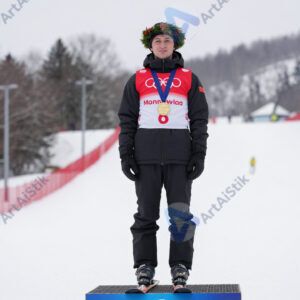 Лыжник на пьедестале с венком и медалью.