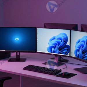 Стол с несколькими мониторами и цветной подсветкой.