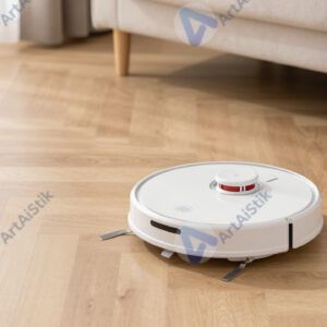 Робот‑пылесос едет по светлому паркету в гостиной.