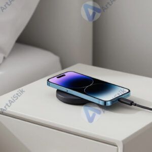 Смартфон на беспроводной зарядке на прикроватной тумбочке.