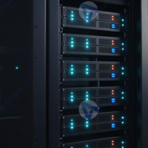 Серверная стойка с мигающими индикаторами в тёмной комнате.