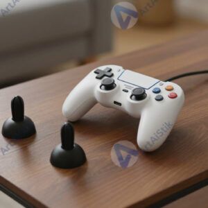 Игровая консоль и два джойстика на журнальном столике.