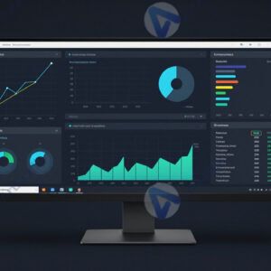 Монитор с графиками и аналитикой на тёмном фоне.