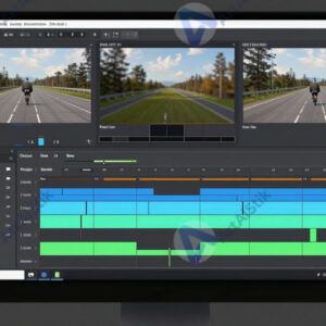 Монитор с видеомонтажной программой и таймлайном кадров.