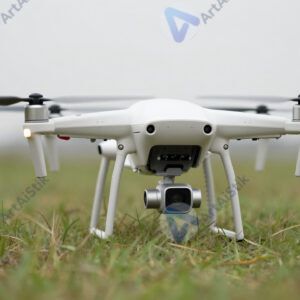 Квадрокоптер‑дрон с камерой на траве перед взлётом.