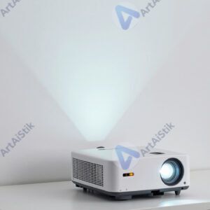 Мини‑проектор проецирует изображение на белую стену в комнате.