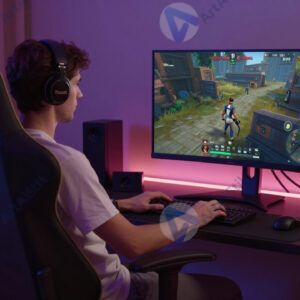 Игровое кресло и монитор с запущенной игрой