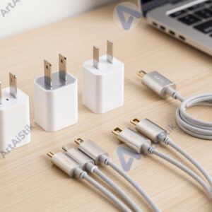 Набор зарядных адаптеров и кабелей разных стандартов на столе.