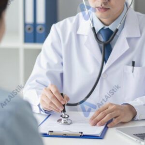 Врач в белом халате слушает пациента стетоскопом в кабинете.