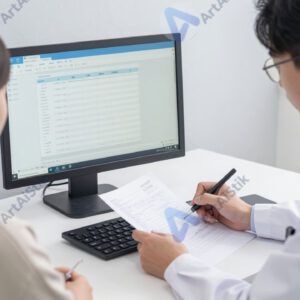 Врач за компьютером заполняет электронную карту пациента.