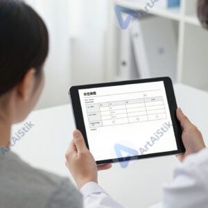 Врач показывает пациенту результаты анализов на планшете.