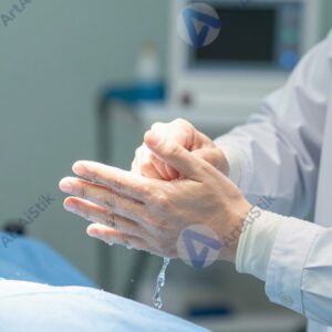 Врач тщательно моет руки перед операцией.