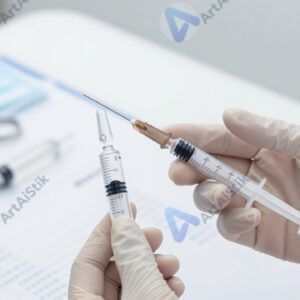 Рука врача держит ампулу и шприц на фоне стола с инструментами.