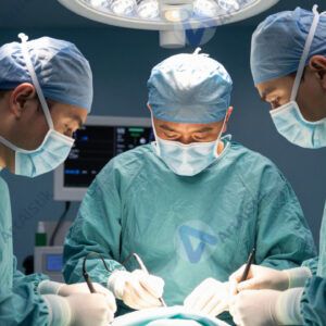 Хирургическая бригада наклоняется над операционным столом